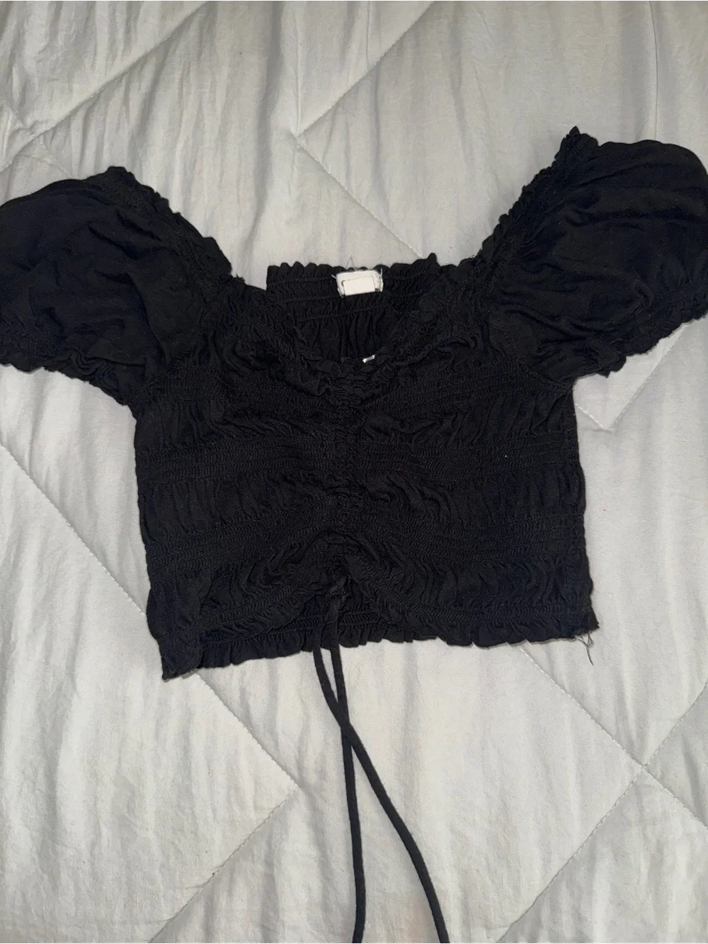 Garage Black Puff-Sleeve Smocked Crop Top with Drawstring
